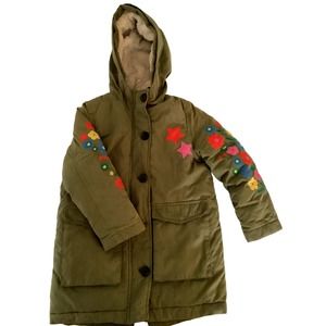 Mini Boden Girls 5-6 Winter Coat Padded Puffer Parka Long Coat Hooded Embroidery